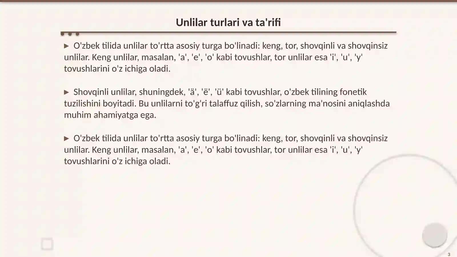 Hozirgi o'zbek adabiy tili unlilar 3