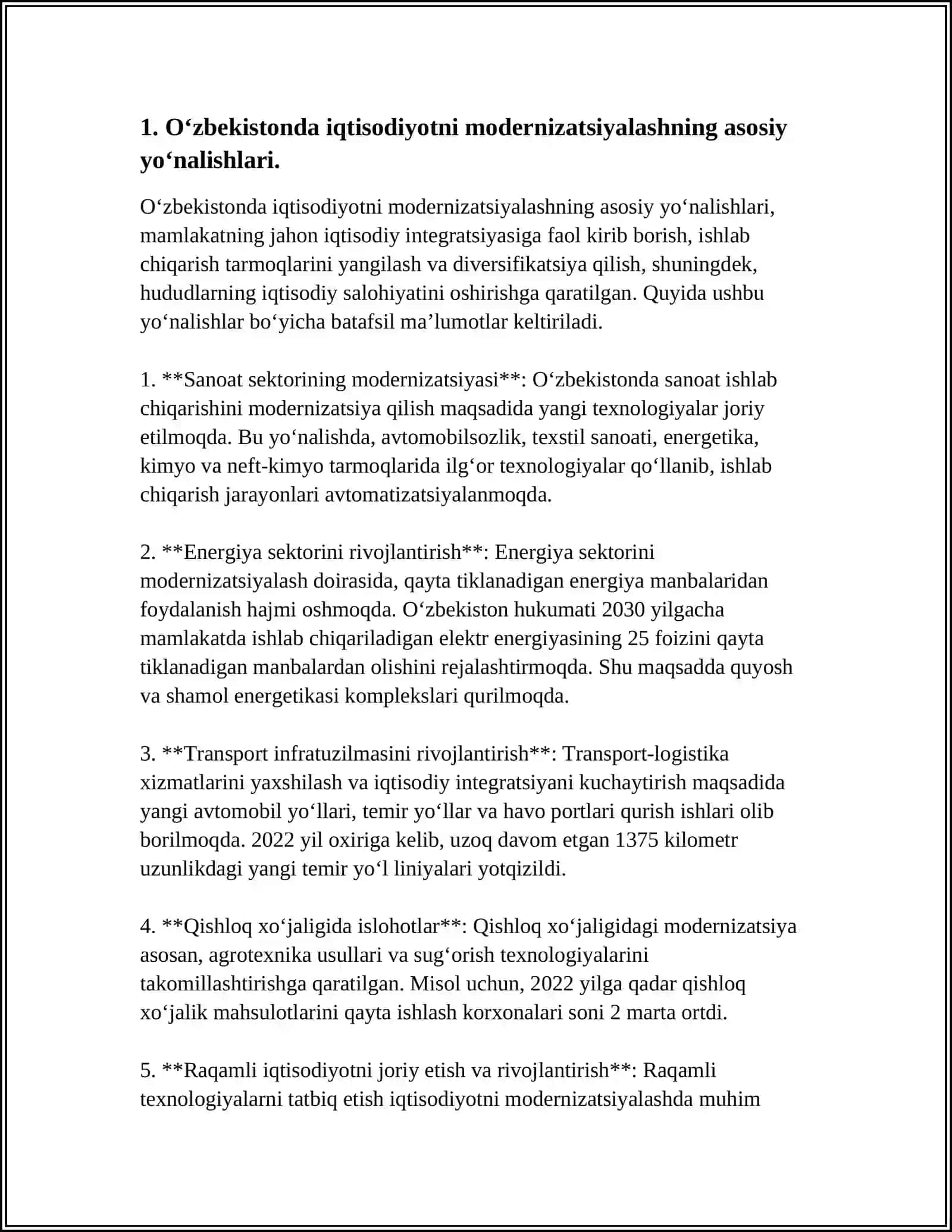 MUSTAQIL ISH Mavzu: IQTISODIYOTNI MODERNIZATSIYALASH SHAROITIDA OʼZBEKISTONGA XORIJIY INVESTITSIYALARNI JALB ETISH MUAMMOLARI 3