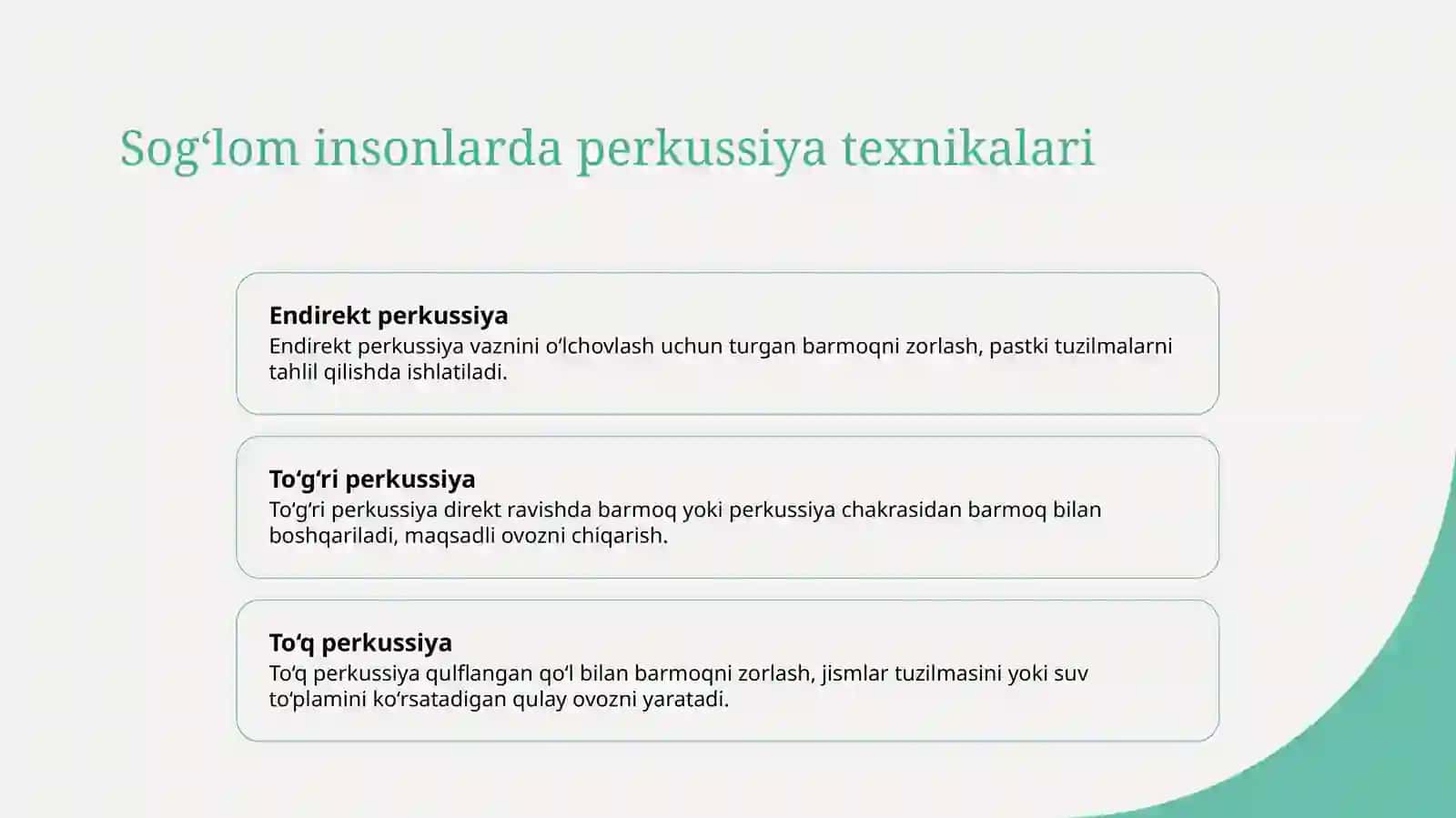O‘pkaperkussiyasi.sog‘lom odamlar davona fasa‘zolari kasalliklar bilan bemorlarda o‘pkaning qiyosiy va topografik perkussiyasi 3