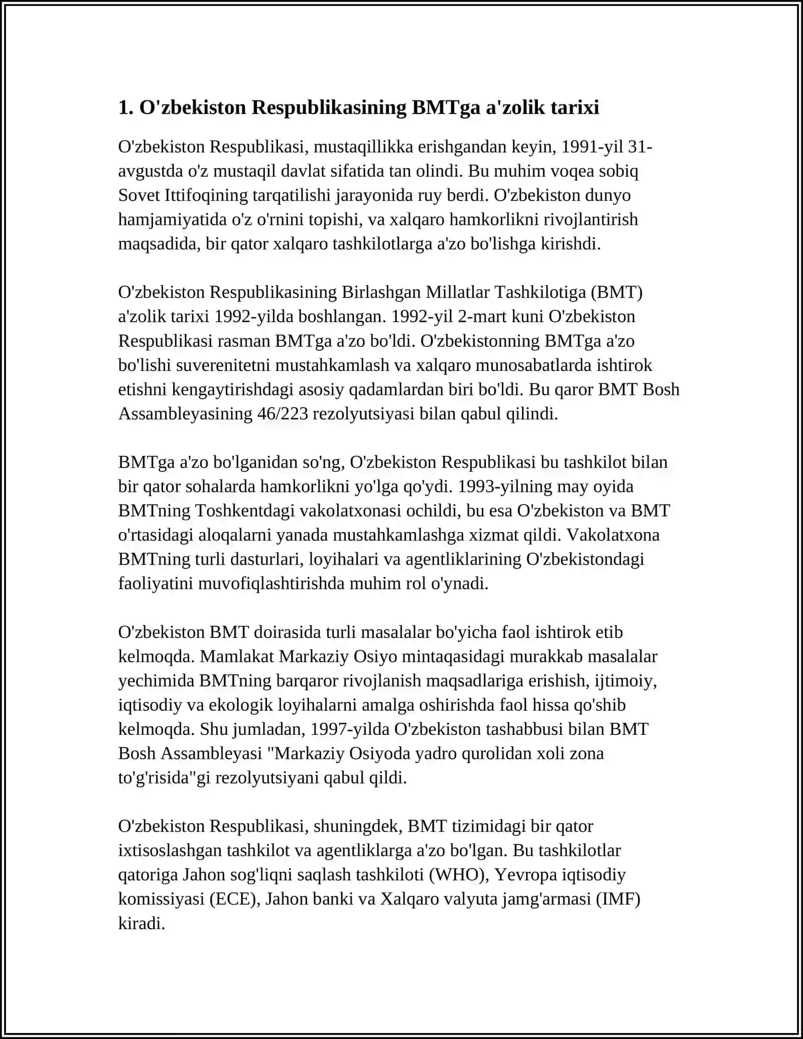 MUSTAQIL ISH Mavzu: O'ZBEKISTON RESPUBLIKASI VA BMT 3