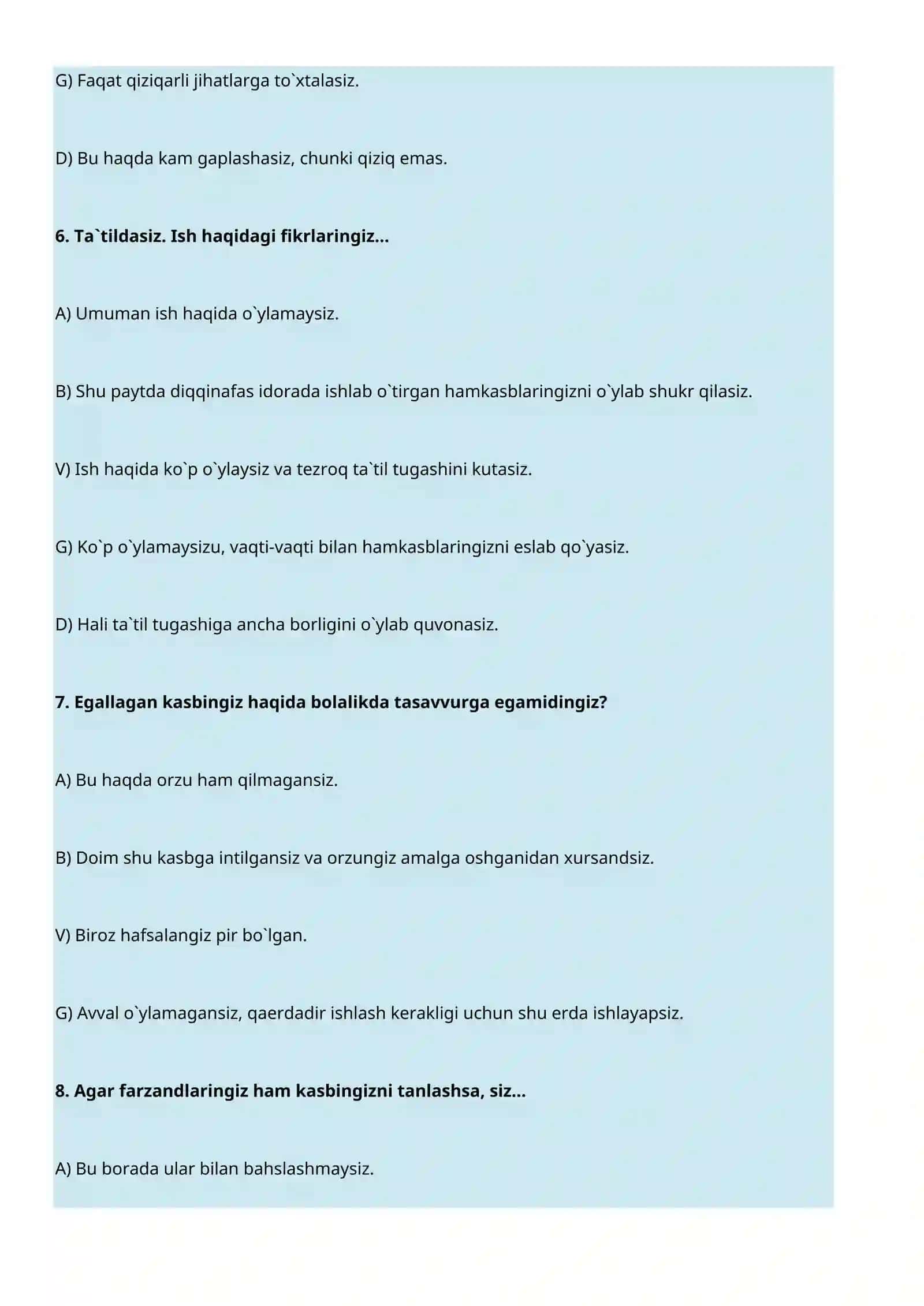 KASBINGIZ O`ZINGIZGA MUNOSIBMI? (PSIXOLOGIK TEST) 3
