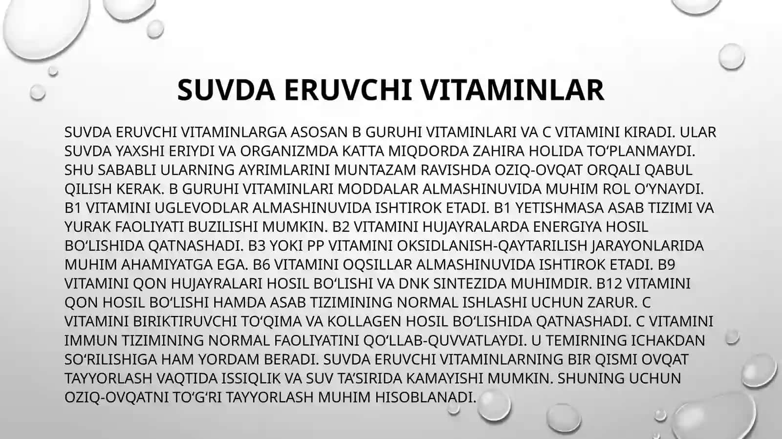 SUVDA VA YOG'DA ERUVCHI VITAMINLAR.MIROELEMENTOZLAR. FTOR, KALSIY MIQDORLARINING OSHIB KETISHI. MIKR 3