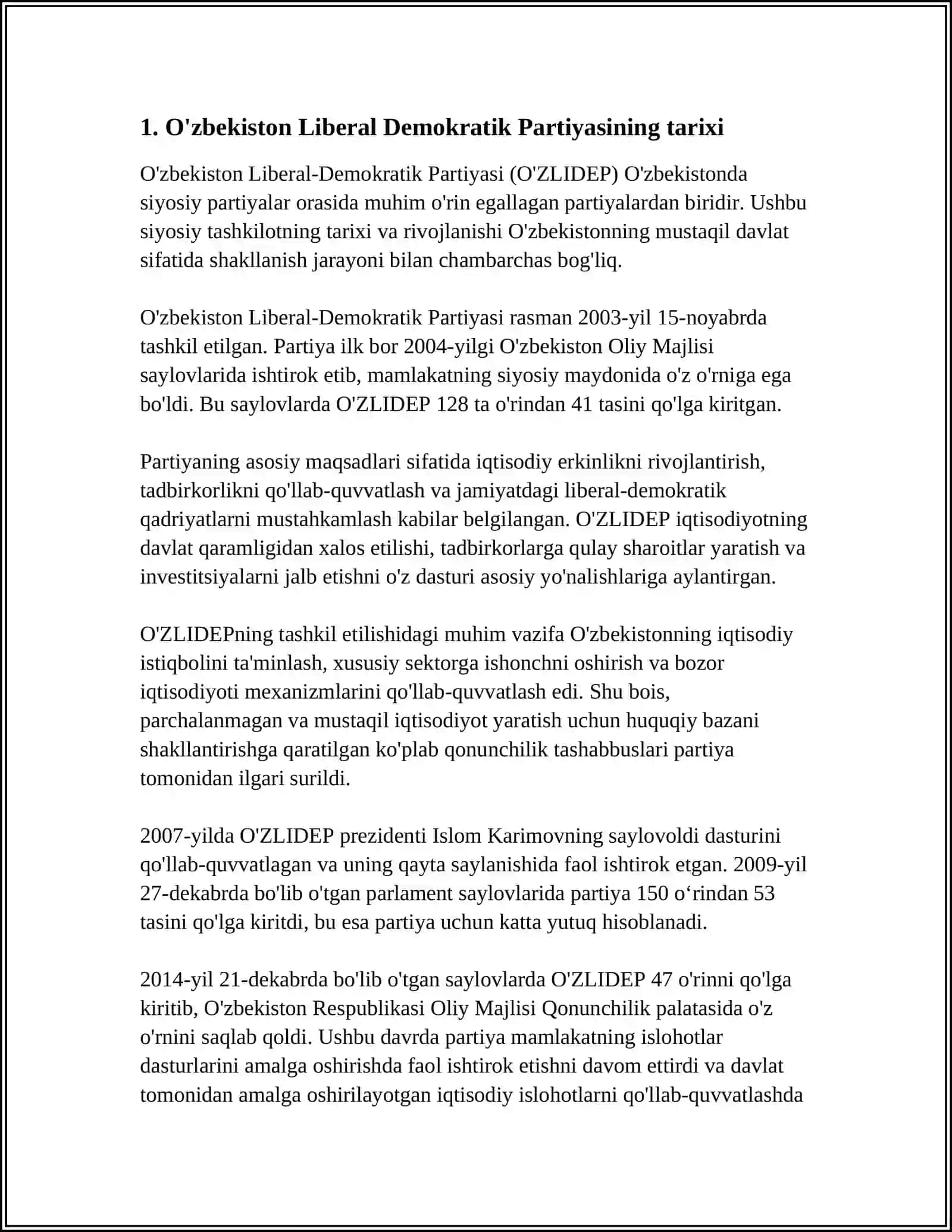 MUSTAQIL ISH Mavzu: ÕZBEKISTON RESPUBLIKASI "LIBERAL DEMOKRATIK PARTIYASI" VA UNING SAYLOVLARDAGI ÒRNI 3