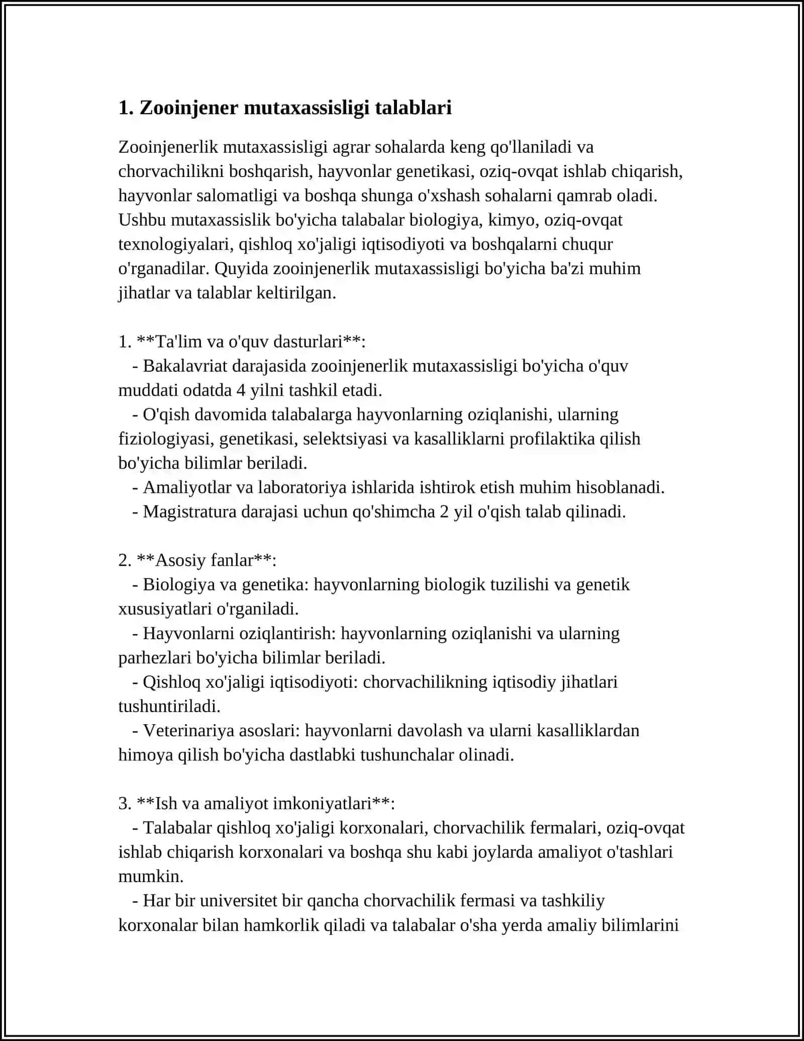 ZOOINJENER MUTAXASSISLIGINI OLISHDA YURUTILADIGAN HUJJATLAR VA FANLAR BLOKLARI 3