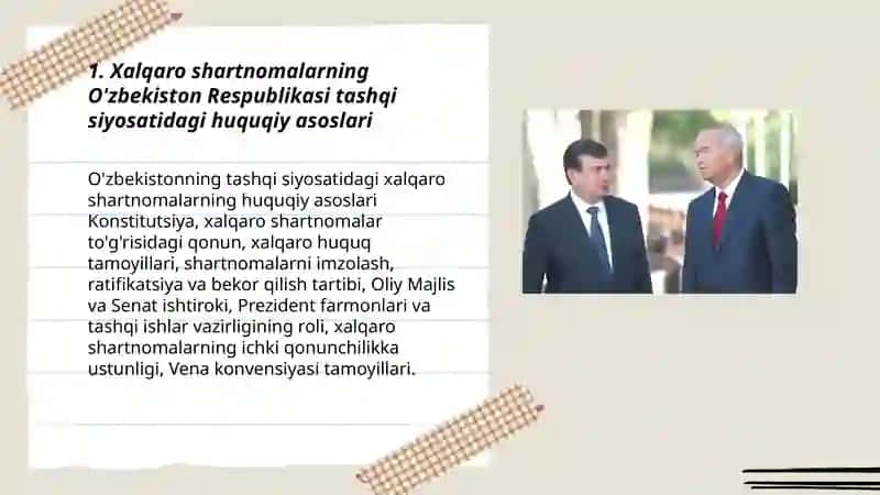 Xalqaro shartnomalarning O'zbekiston Respublikasi tashqi siyosatida tutgan o'rni 3