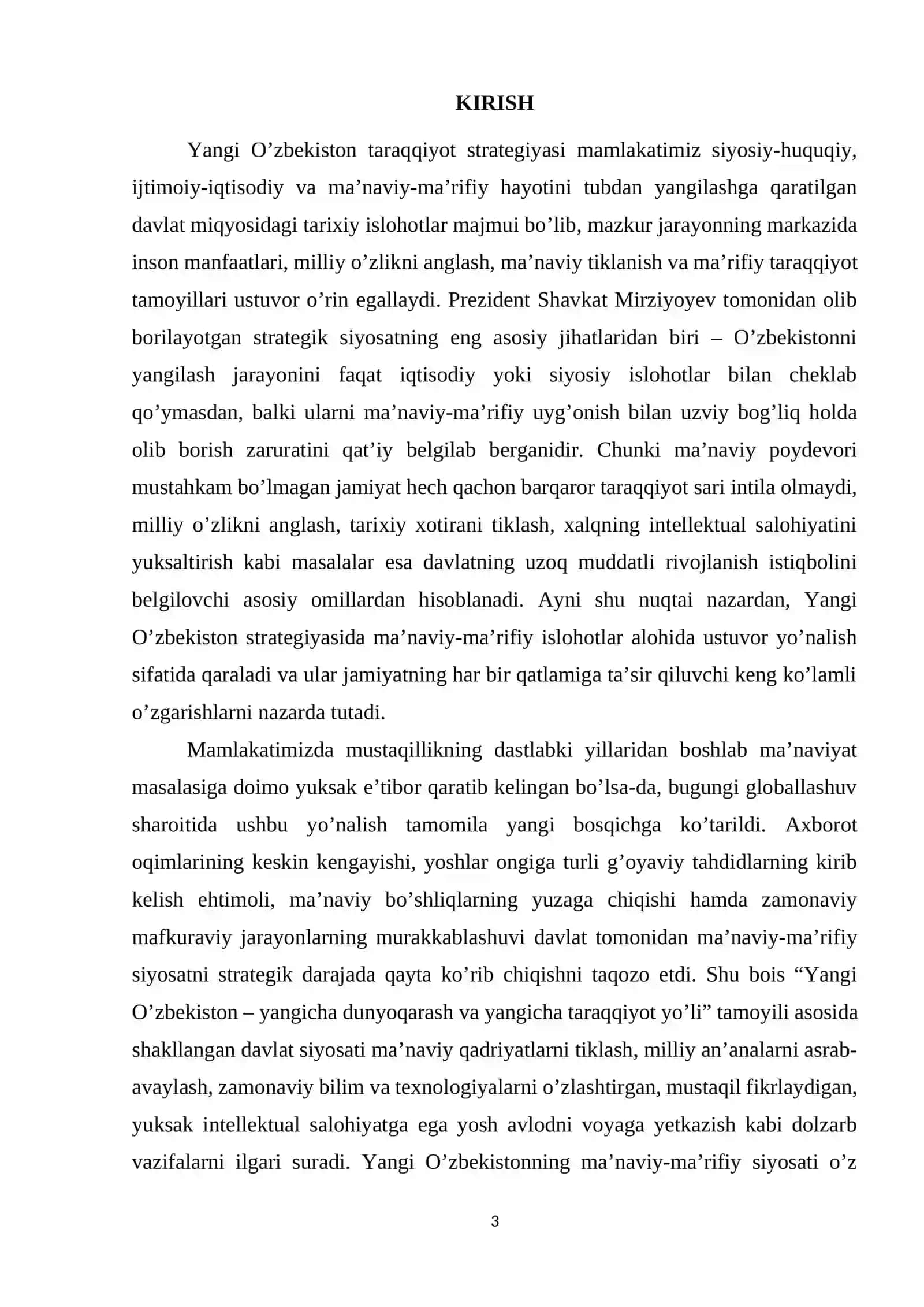 Prezidentimiz Shavkat Mirziyoyev tomonidan "Yangi Oʻzbekiston taraqqiyot strategiyasida ma’naviy marifiy islohotlar 3