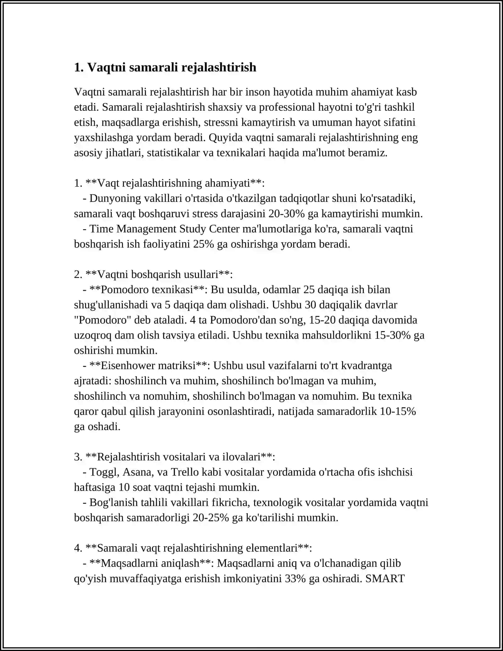 MUSTAQIL ISH Mavzu: VAQTNI BOSHQARISH (TIME MANAGEMENT) KO‘NIKMASI VA RIVOJLANTIRISH YO‘LLARI 3