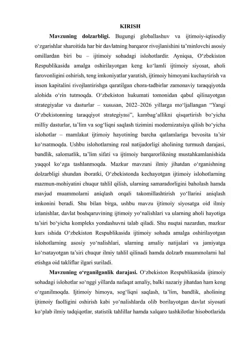 ‘zbekiston respublikasida ijtimoiy sohada amalga oshirilayotgan islohotlar va ularning ahamiyati 3