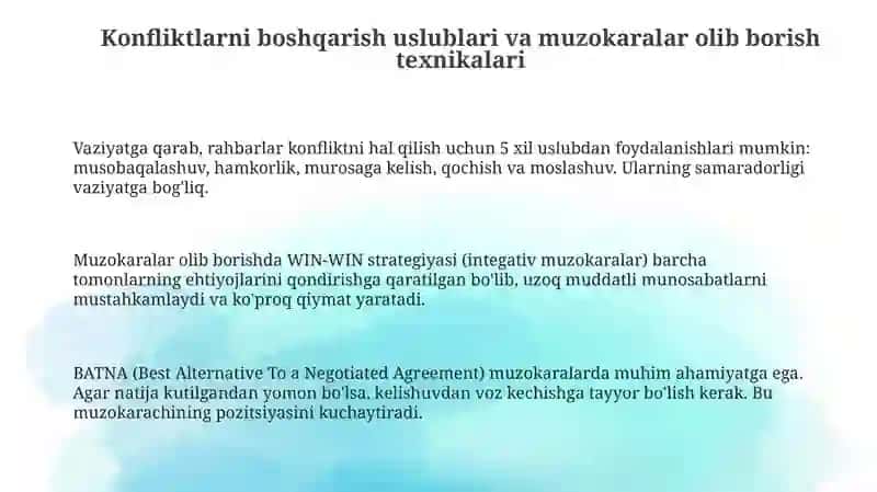 Menejerlarning hodimlar o'rtasidagi ziddiyatlarni boshqarish usullari:amaliy kuzatuvlardan saboqlar 3