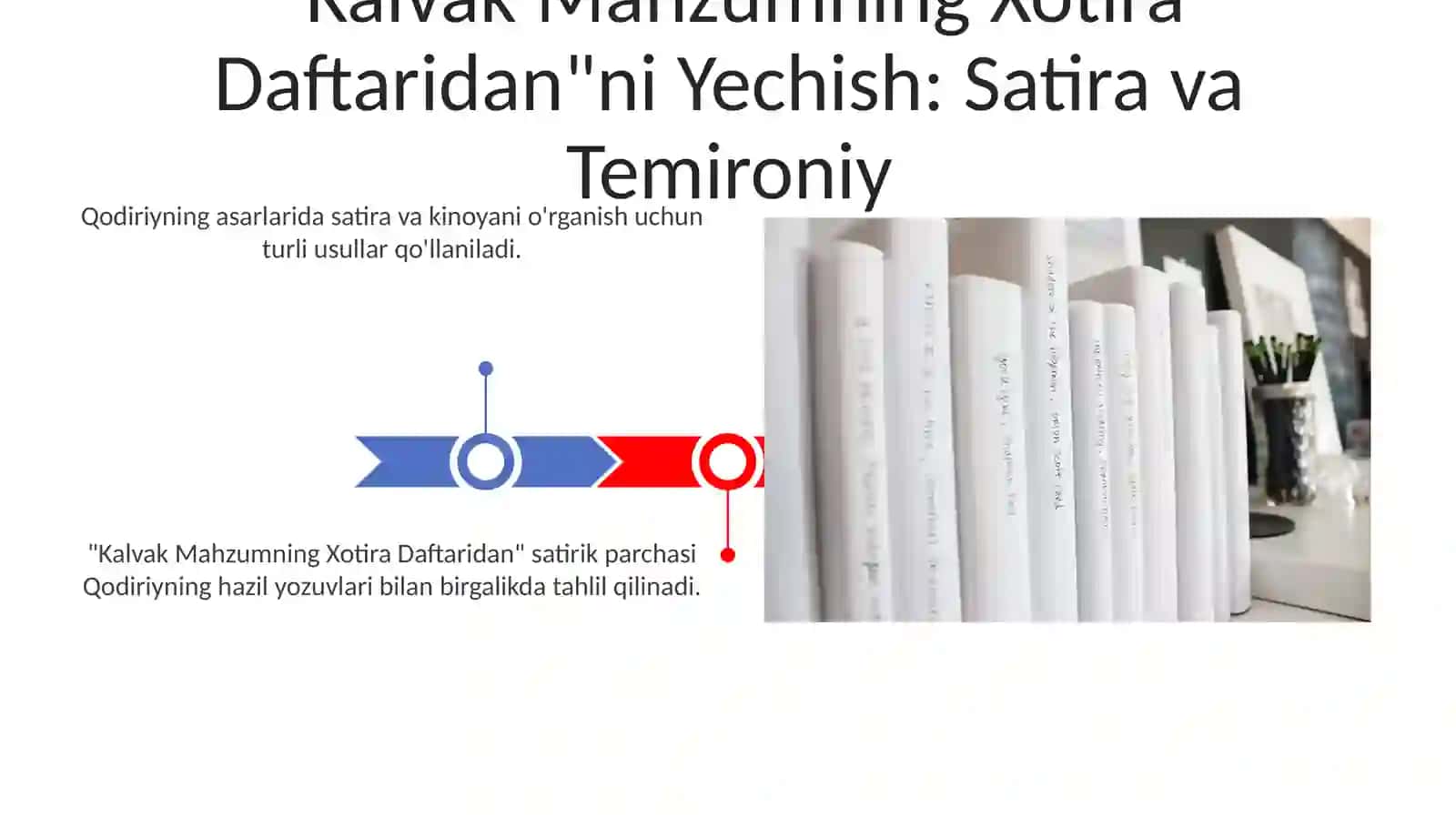 Qodiriyning "Õtkan kunlar "romani "Uloqda"hikoyasi "Kalvak Mahzumning xotira daftaridan " "Toshpõlat tajang nima deydi" kabi hajviyalar tahlili turli metodlar bilan 3