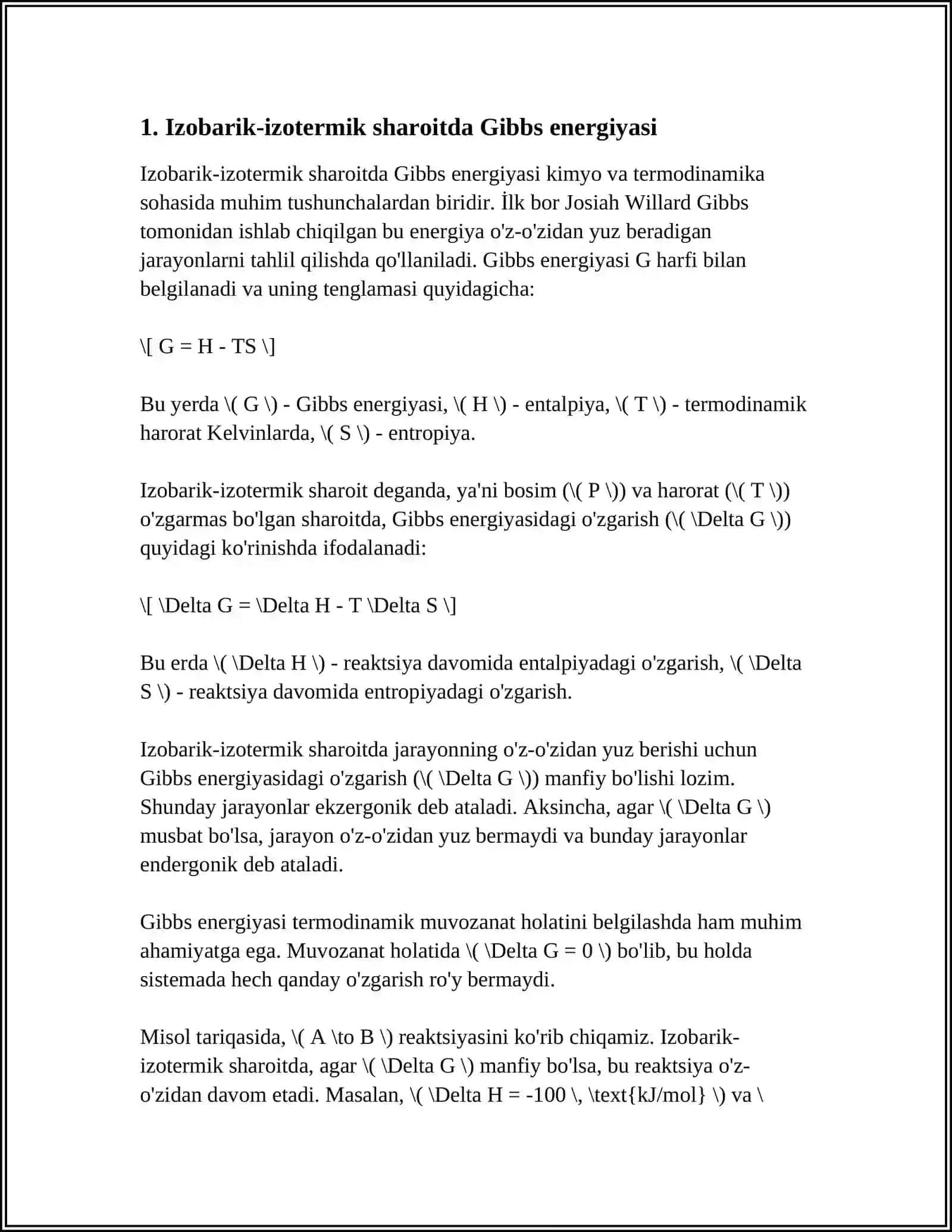 IZOBARIK IZOTERMIK (GIBBS) VA IZOXORIK IZOTERMIK POTENTSIAL. ENTALPIYA VA ENTROPIYA OZGARISHLARI ASOSIDA KIMYOVIY REAKTSIYALARNING YONALISHINI BELGILASH 3