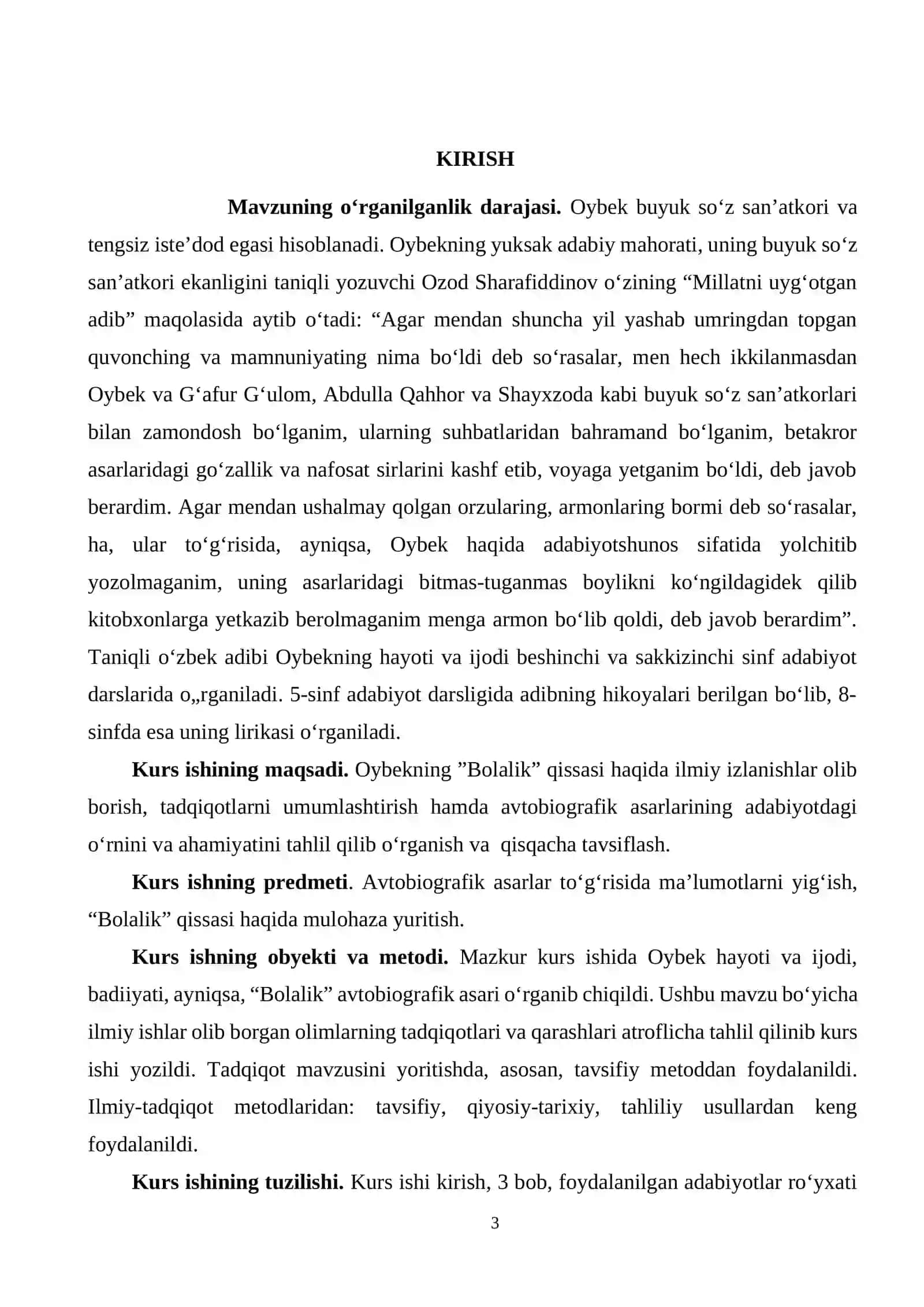 "“Bolalik” qissasi avtobiografik asar sifatida” KURS ISHI" 3