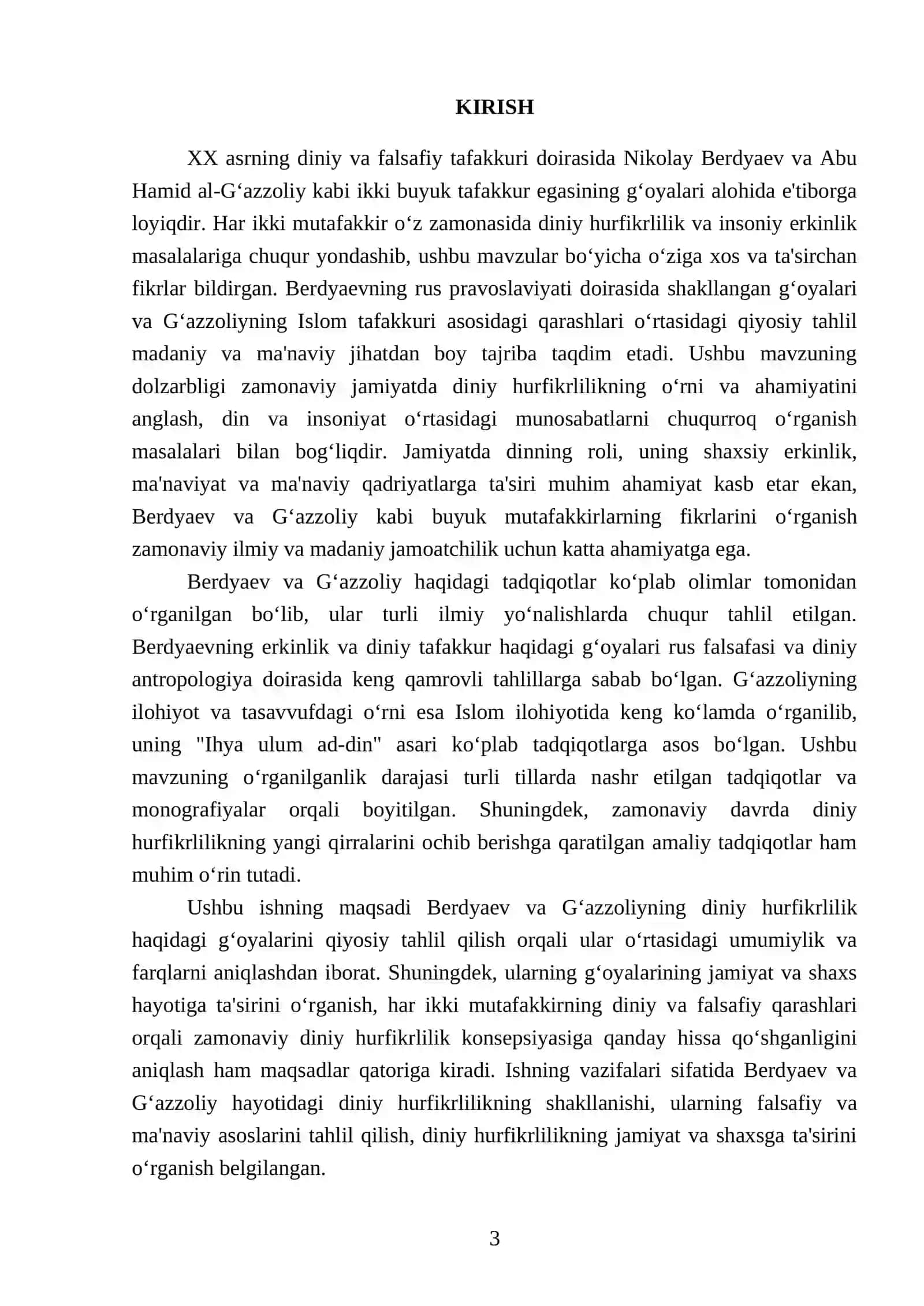 Berdyaevning diniy hurfikrlilik haqidagi g‘oyalarini G‘azzoliy g‘oyalari bilan qiyoslash 3