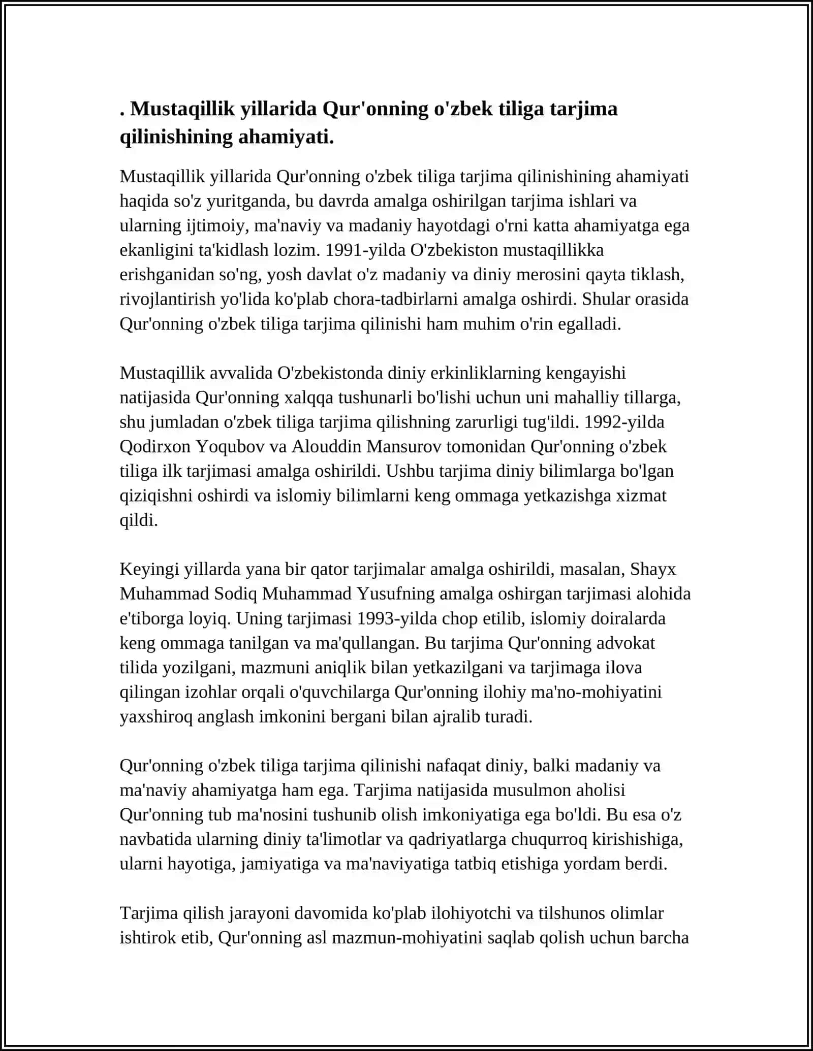 MUSTAQILLIK YILLARIDA QUR'ONNING ÓZBEK TILIGA TARJIBA QILINISHI VA TAFSIRLARI HAQIDA TAQDIMOT TAYYORLASH 3