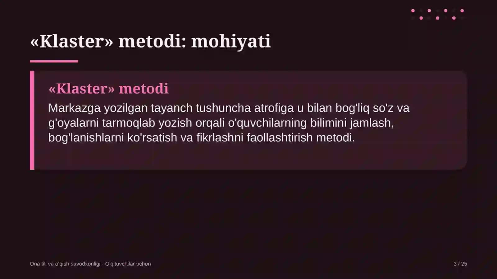 ona tili va o'qish savodxonligi darslarida klaster metodidan foydalanish 4324 3