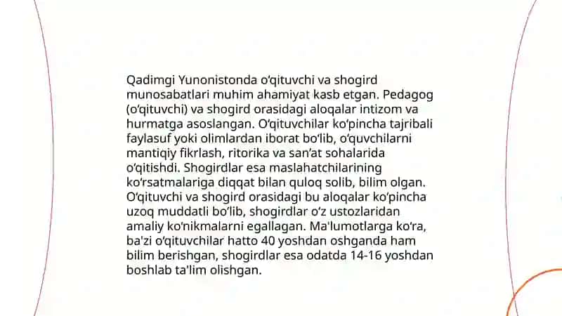 Eng qadimgi davrlardan XXI asrning boshigacha bo‘lgan davrda o‘qituvchi-ustoz, shogird va ularning jamiyatdagi o‘rni, mahorati haqidagi pedagogik fikrlar Ibodullayeva Aziza 3