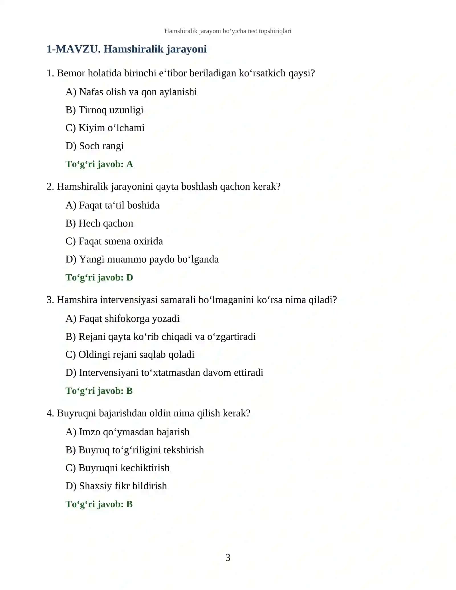 Hamshiralik jarayoni bo‘yicha test topshiriqlari 3