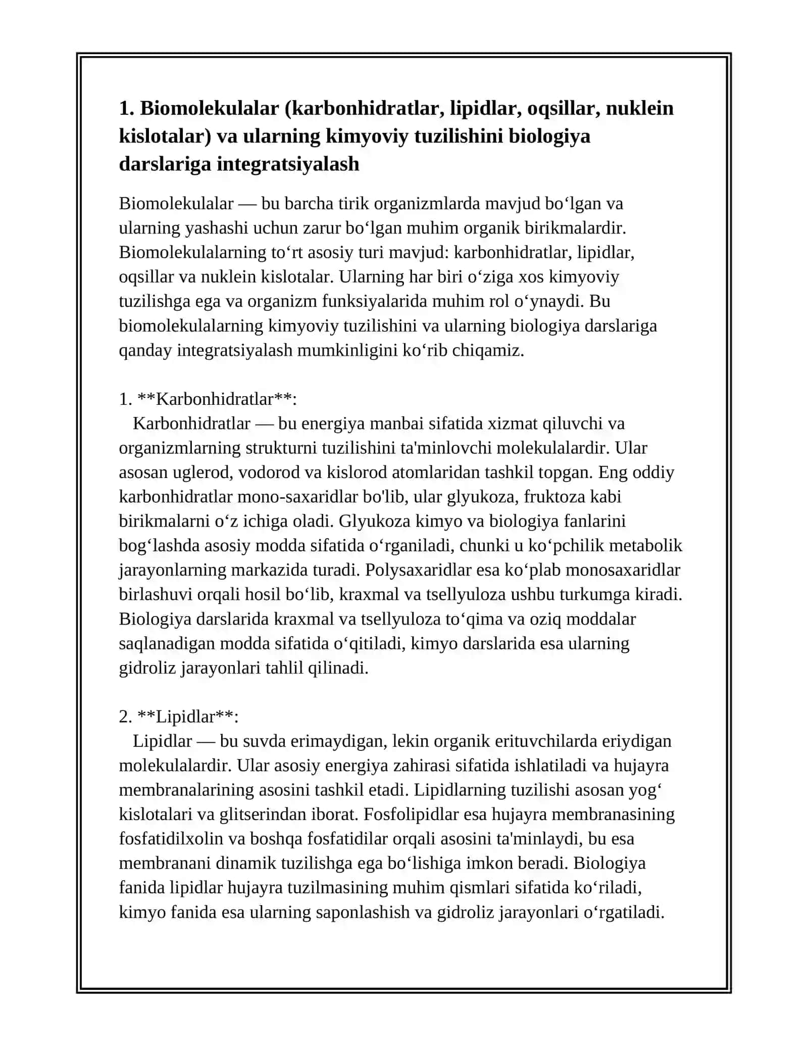 BIOLOGIYANI OʻQITISHDA KIMYO FANI BILAN FANLARARO BOGʻLANISHNI AMALGA OSHIRISH YOʻLLARI 3