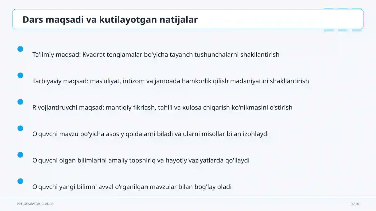 Kvadrat tenglamalar (8-sinf) 3