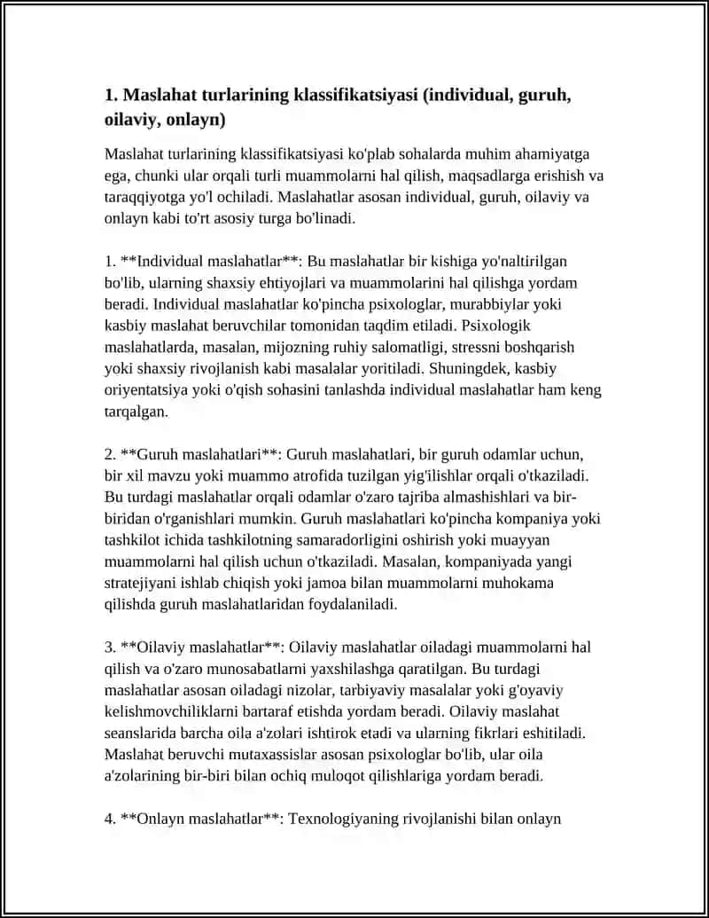 MASLAHAT TURLARI, QOIDALARI, MASLAHAT BERISH KO'NIKMALARI, ASOSIY PRINSIP VA QOIDALARI. MASLAHAT BERISH JARAYONIDAGI KOMMUNIKATSION TO'SIQLAR 3