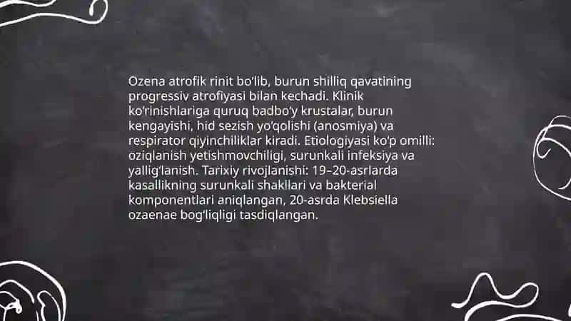 Ozena kasalligi. Klinikasi, etiologiyasi, patogenezi, diagnostikasi va davolashi 3