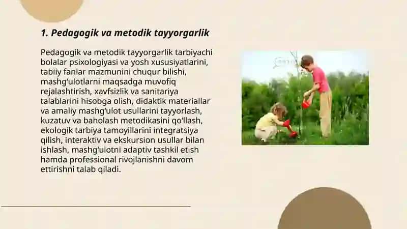 Tabiat bilan tanishtirish mashgʻulotlarida tarbiyachi shaxsiga qoʻyiladigan talablar 3