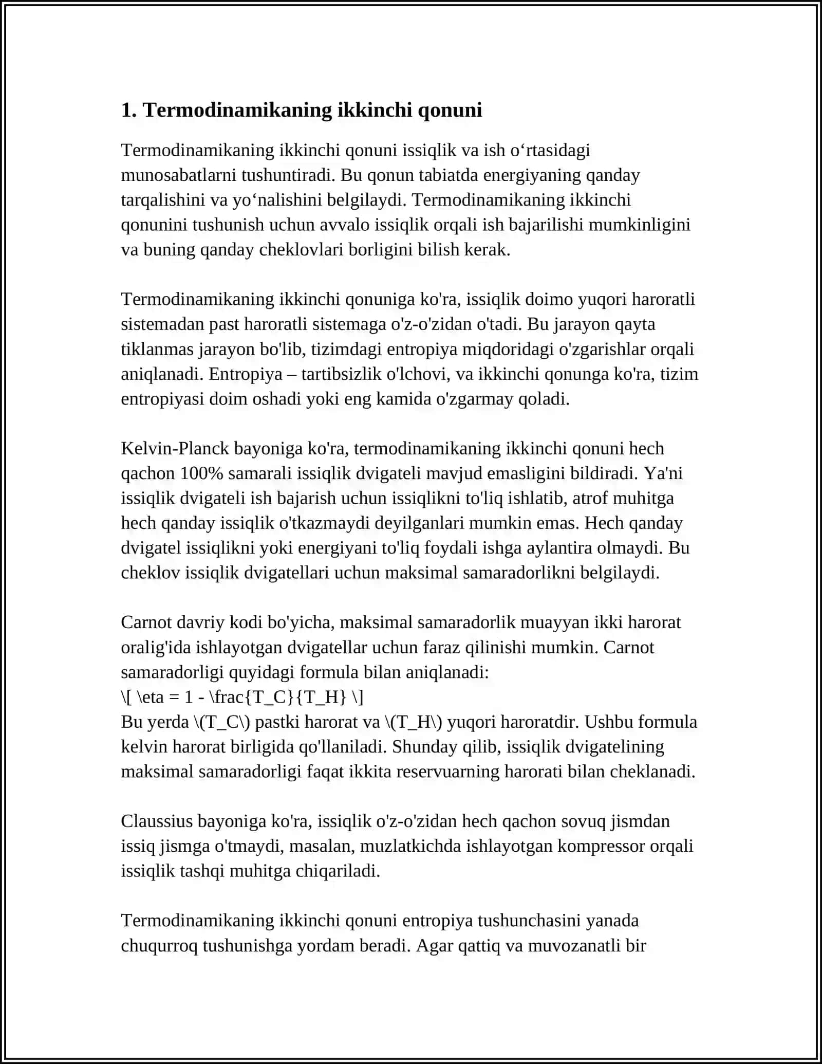 TERMODINAMIKANING IKKINCHI QONUNI. ENTROPIYA. KARNO SIKLI. TERMODINAMIKANING UCHINCHI QONUNI 3