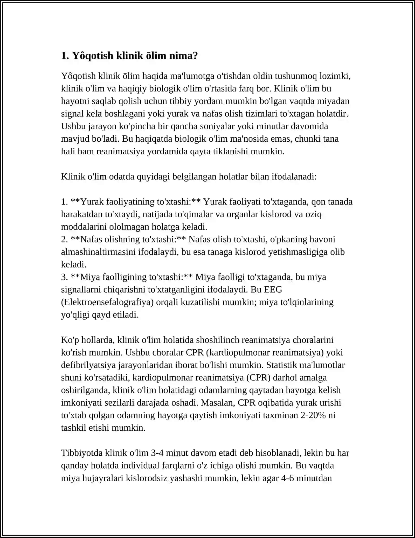 YÕQOTISH.KLINIK ÕLIM VA BIOLOGIK ÕLIM FARQI. BEMOR HOLATINI ÕZIGA XOSLIGI 3