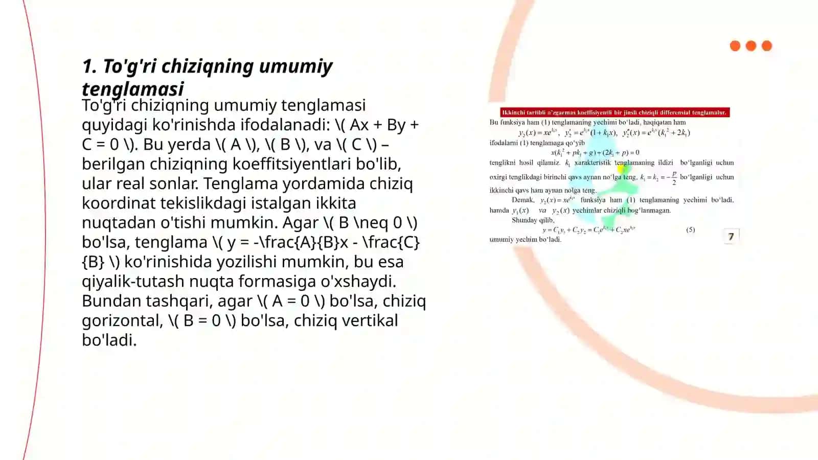 Tekislikda to'g'ri chiziqning umumiy tenglamasi va uning turlari xususiy ko'rinishlari 3