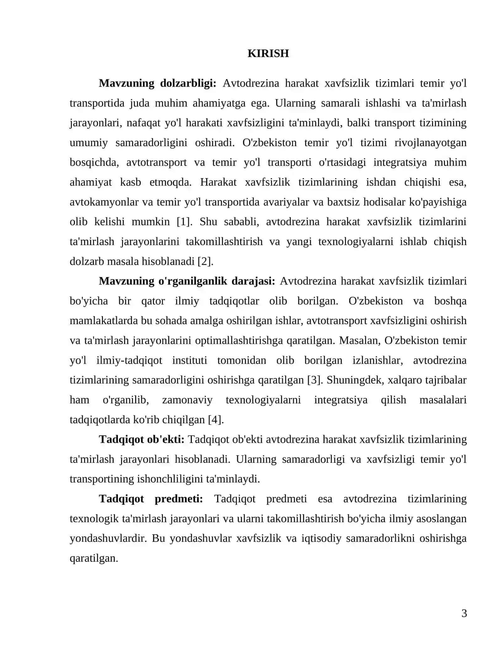 Avtodrezina harakat xavfsizlik tizimi ta’mirlash texnologik jarayonlarini ishlab chiqish 3