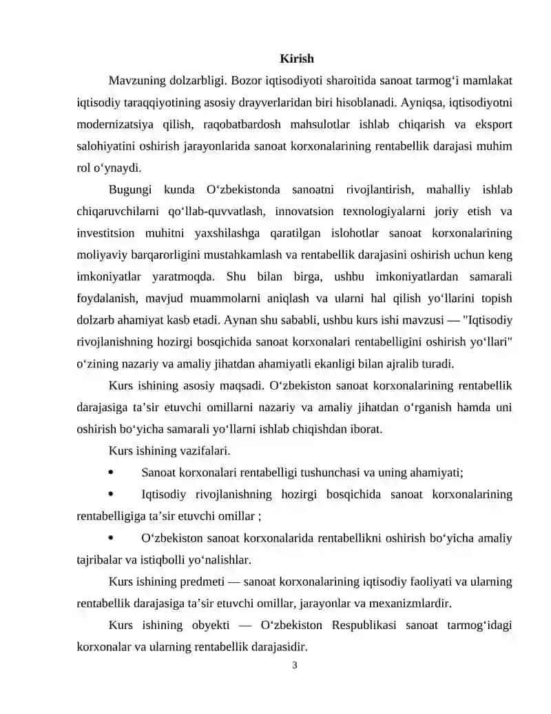 “Iqtisodiy rivojlanishning hozirgi bosqichida sanoat korxonalari rentabelligini oshirish yo‘llari” mavzusida ilmiy ish 3
