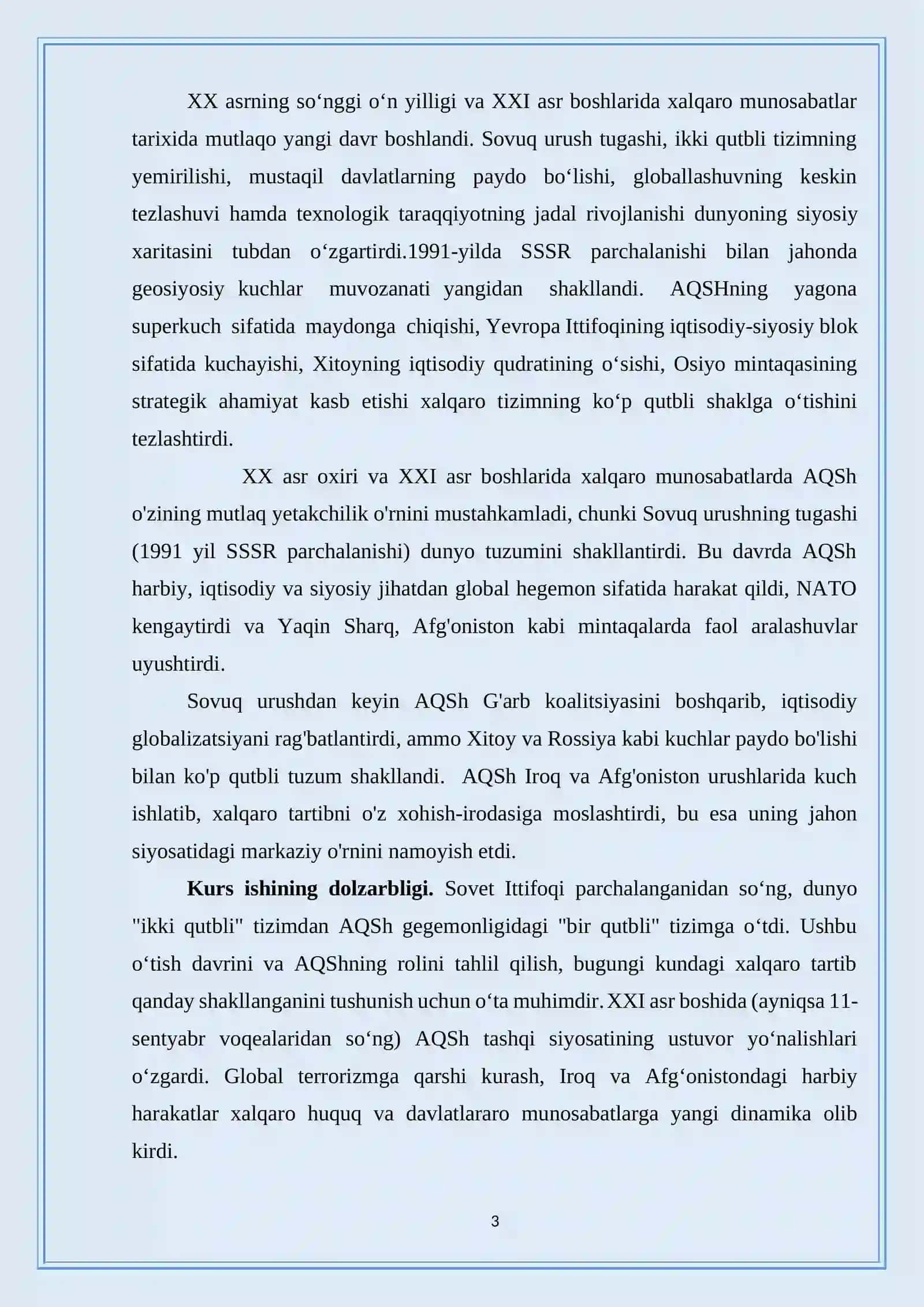 XX asr oxiri XXI asr boshlarida xalqaro munosabatlarda AQSHning oʻrni 3