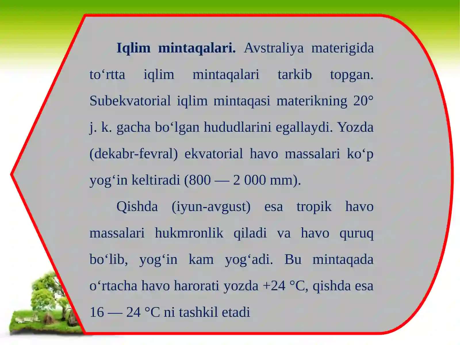 Avstraliya Iqlimi, ichki suvlari va tabiat zonalari. 7-sinf geografiya fanidan dars ishlanma. 3