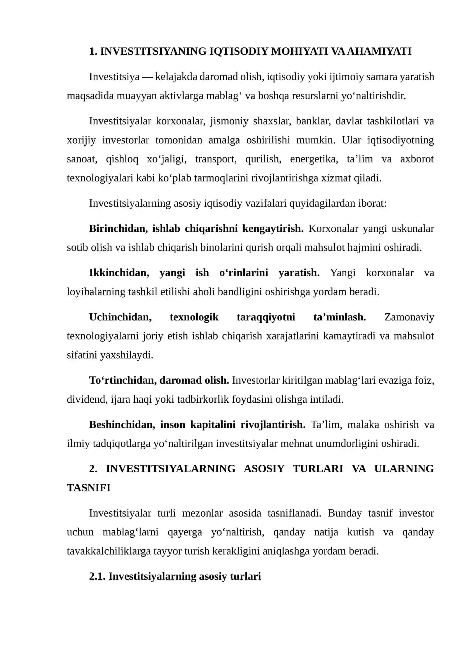 Investitsiyalar turlari va tasnifi 3
