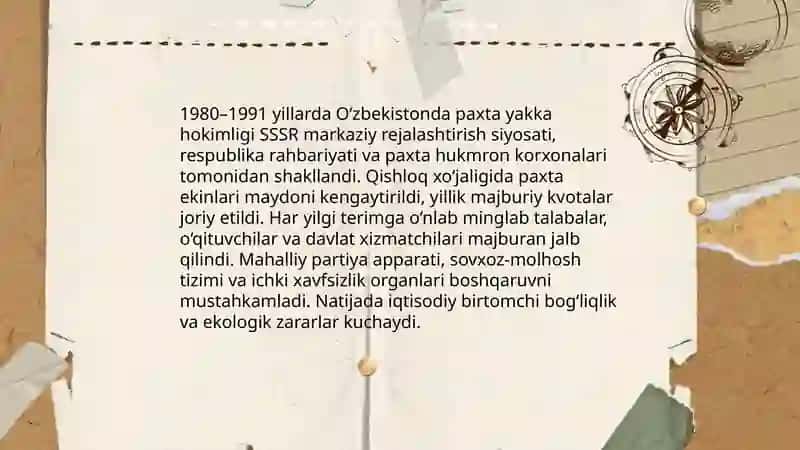 Ozbekistonda 80-90 yillaridagi ijtimoiy-siyosiy vaziyat:paxta yakka hokimligi va qatagonliklar 3