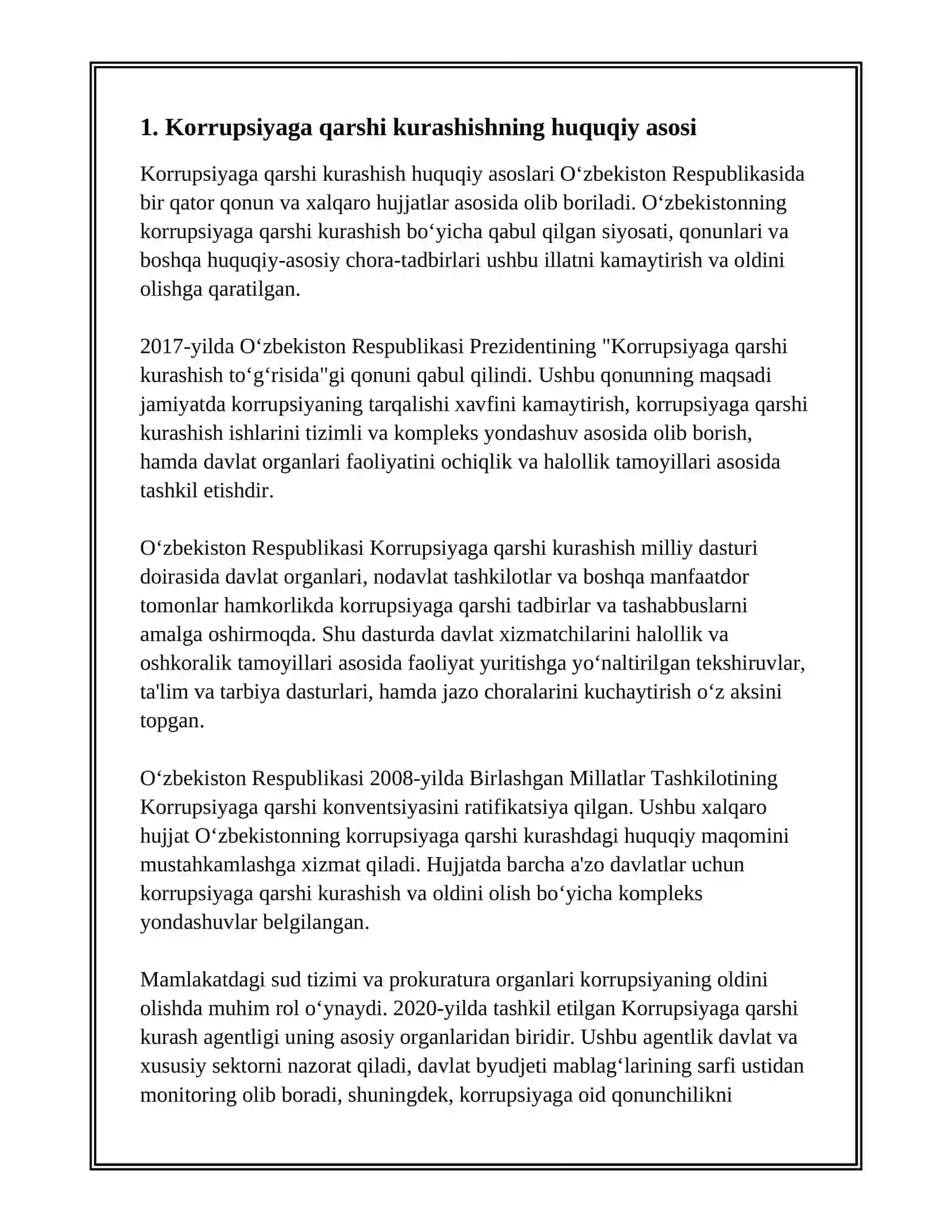"ÕZBEKISTONDA KORRUPSIYAGA QARSHI KURASHISH MEXANIZMLARI" MAVZUSIDA ESSE TAYYORLASH 3