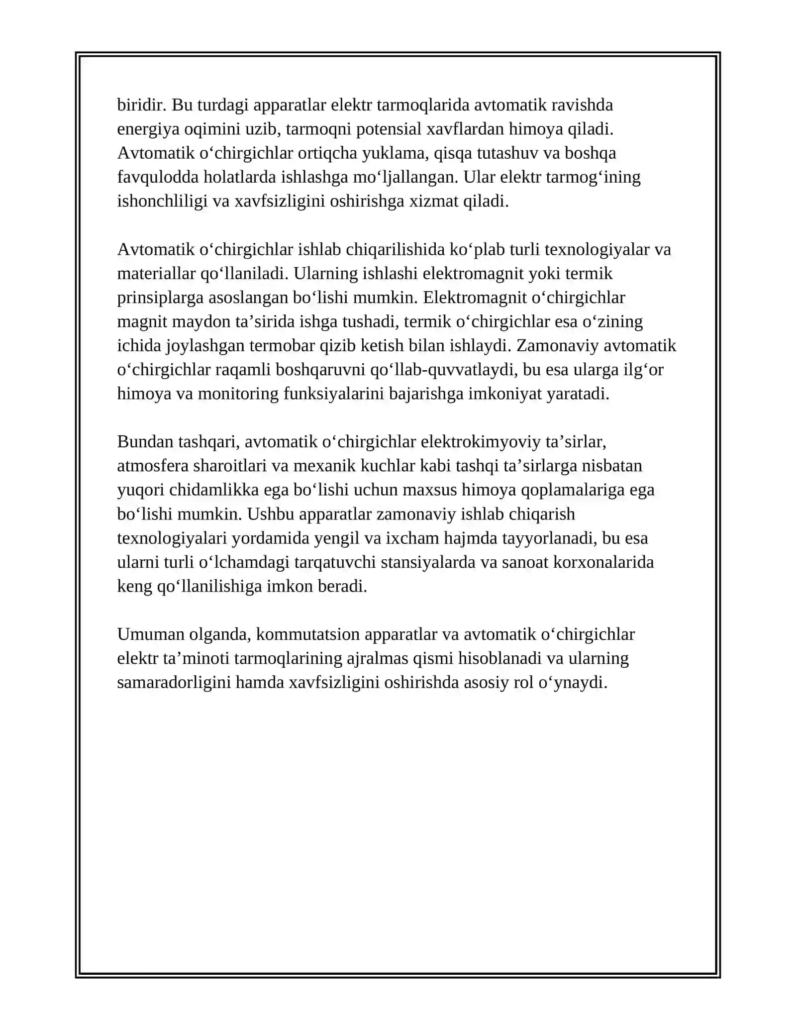 KOMMUTATSION APPARATLAR. AVTOMATIK OʻCHIRGICHLAR 3