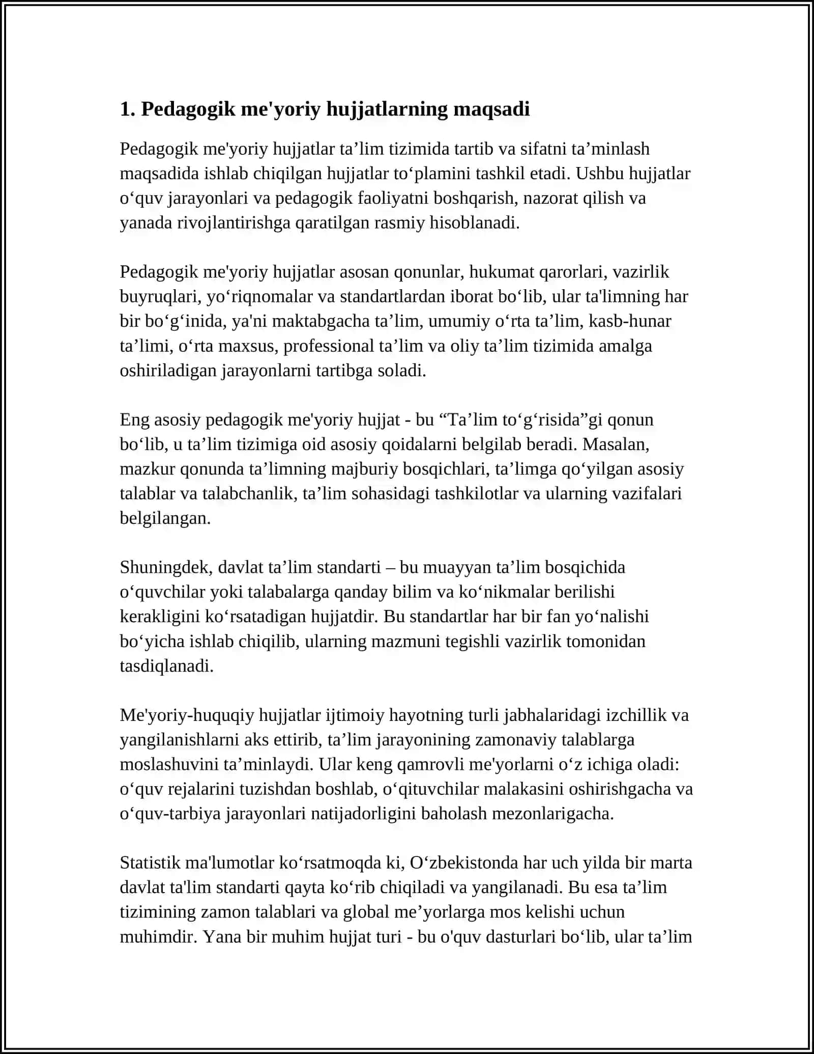 PEDAGOGIKA SOHASIGA OID ME’YORIY HUJJATLAR, ULARNING TURLARI, XUSUSIYATLARI 3