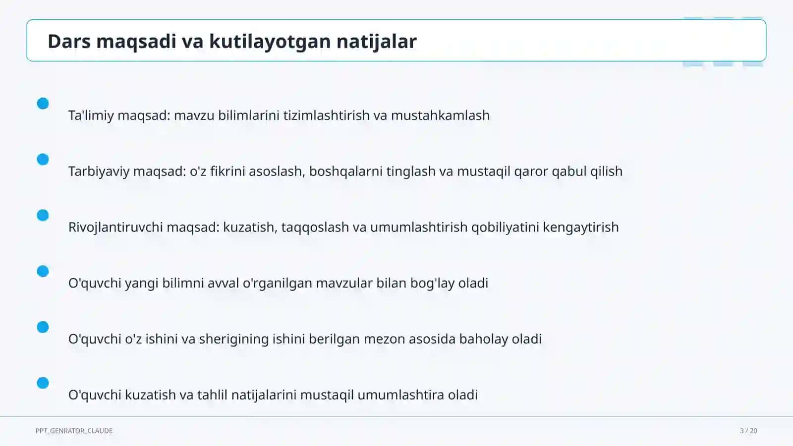Sinf soati va tarbiyaviy tadbirlar (1– 11) — o'qituvchilar uchun 3