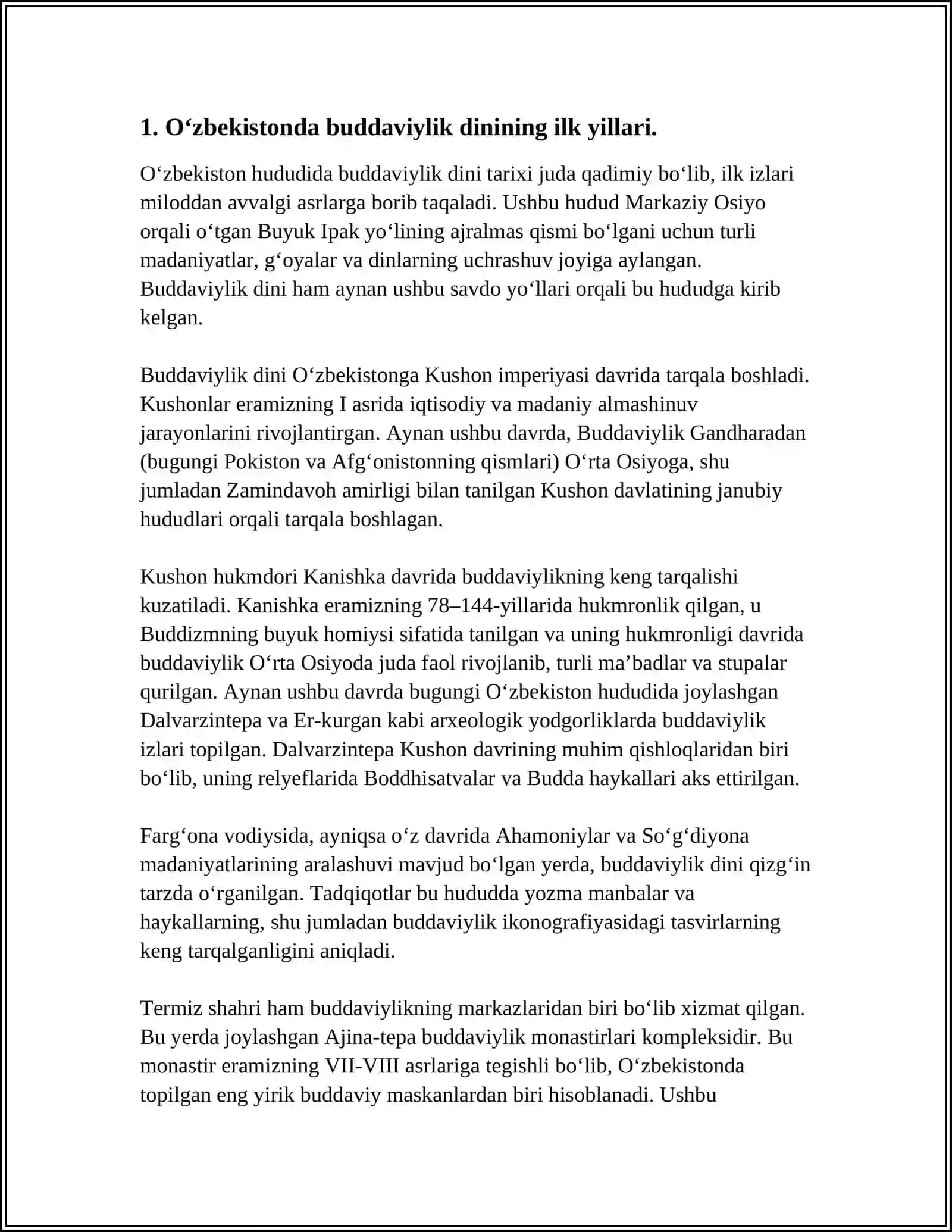 O‘ZBEKISTONDA BUDDAVIYLIK DININING TARIXIY ILDIZLARI (QORATEPA, FAYOZTEPA, DALVARZINTEPA) VA HOZIRGI ZAMON. OʻRTA OSIYODA BUDDAVIYLIK DININING TARQALISHI, KUSHON MADANIYATI VA UNING OʻZIGA XOS JIHATLARI 3
