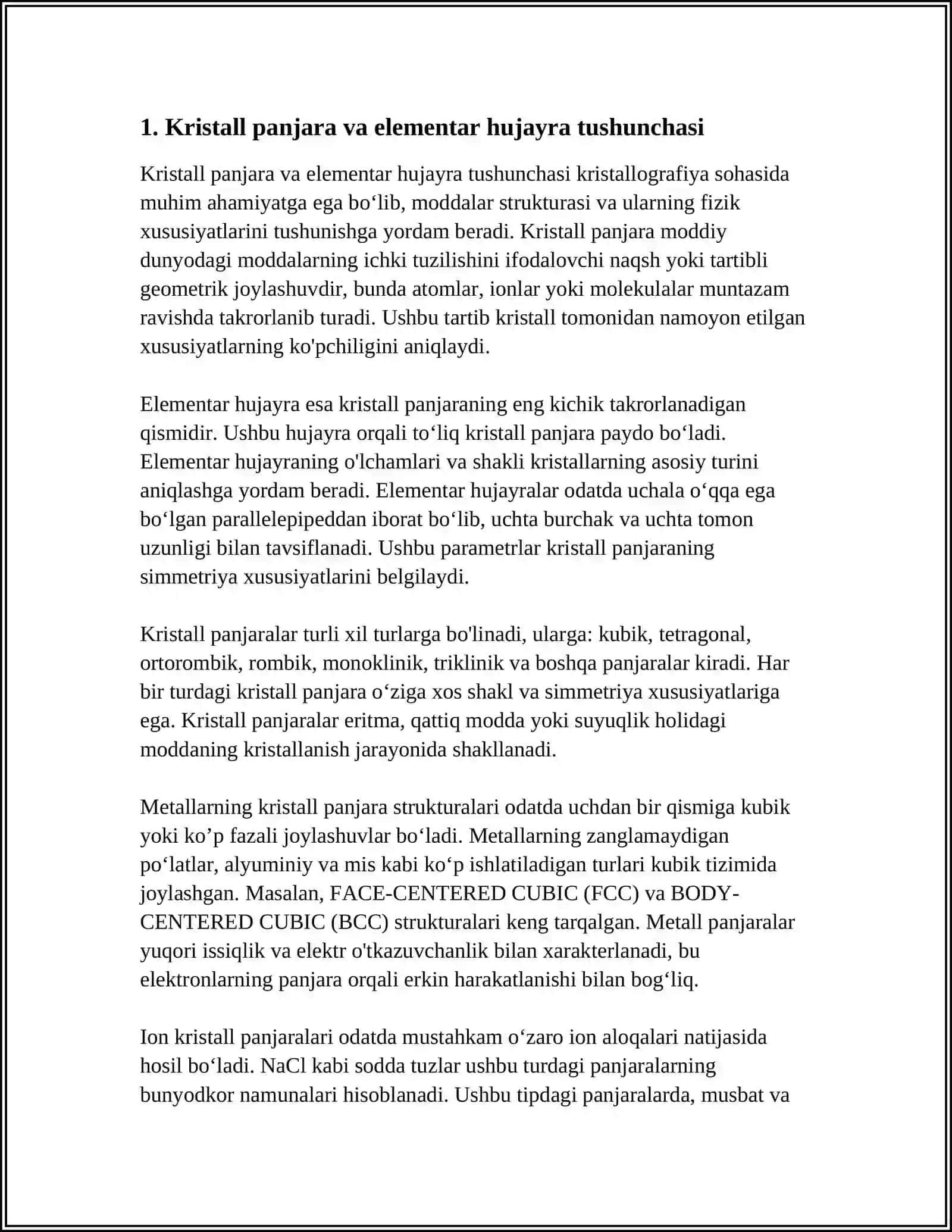 KRISTALL PANJARA TURLARI. METALL, ION, MOLEKULYAR BIRIKMALARNING TUZILISHI 3