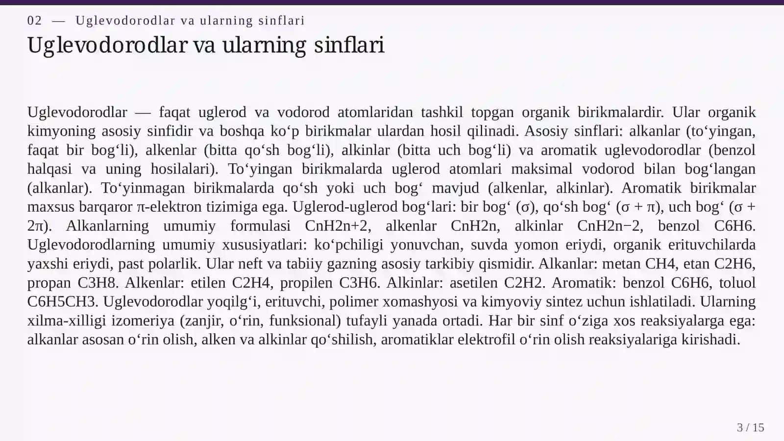 ORGANIK BIRIKMALAR: UGLEVODORODLAR, SPIRTLAR VA KARBOKSIL KISLOTALAR 3