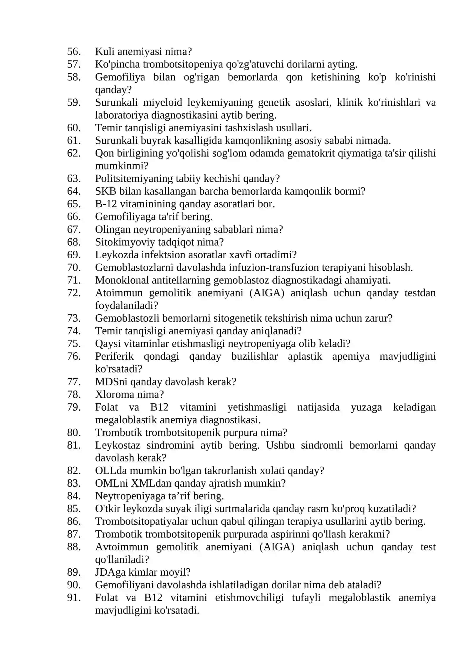 Gematologiya mutaxassisligi bo'yicha shakllantirilgan og'zaki savollar ro'yxati 3