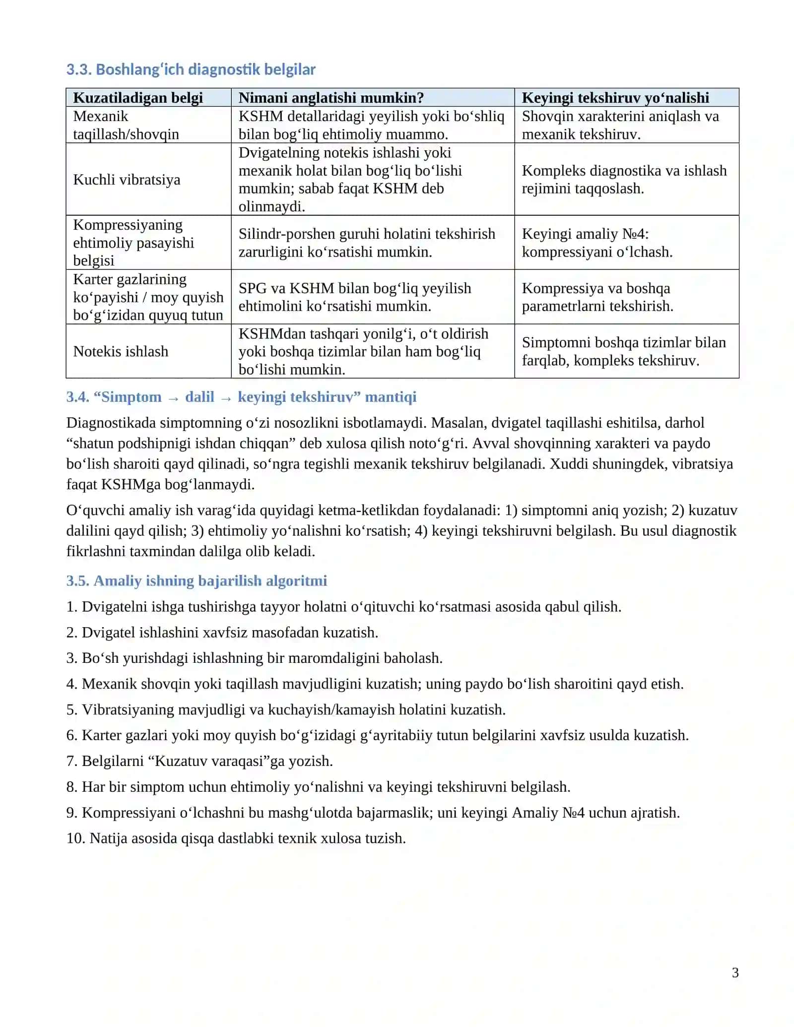 KM.1 — AVTOMOBIL DVIGATELLARINI TASHXISLASH. Amaliy_3_Krivoship_shatun_mexanizmi_boyicha_boshlangich_diagnostik_tekshiruv 3