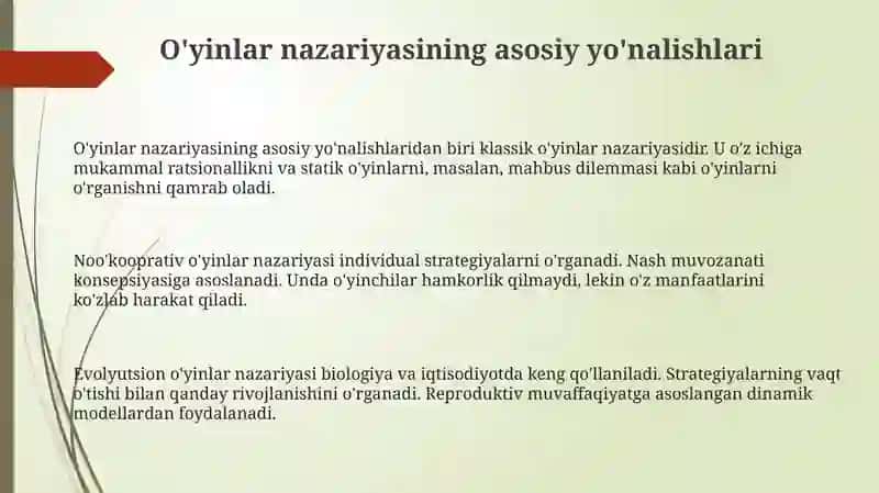 O'yinlar nazariyasining asosiy yo'nalishlari 3