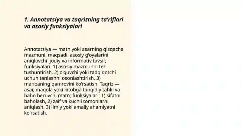 Annotatsiya va taqriz matnlari, ularda ifoda materialining xususiyatlari 3