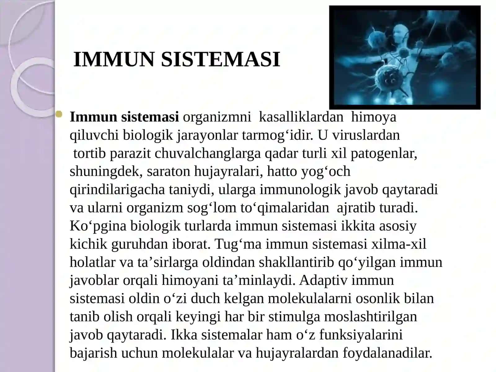 BIOXIMIYA VA SPORT BIOXIMIYASI FANIDAN TAYYORLAGAN MUSTAQIL ISHI. MAVZU:Immunitettiziminingbiokimyoviymexanizmlarinitavsiflang 3