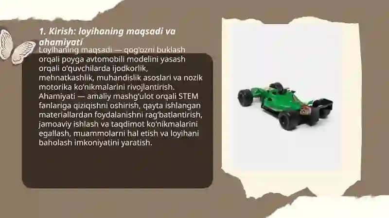 Qogʻozni buklash orqali poyga avtomobili modelini yasash boʻyicha taqdimot tayyorlash 3