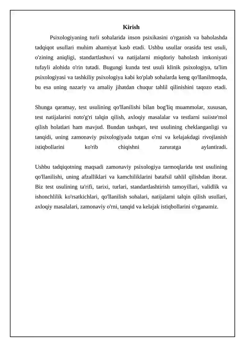 Zamonaviy psixologiya tarmoqlarida tadqiqot metodlarini qoʼllanishi.Test metodi. 3