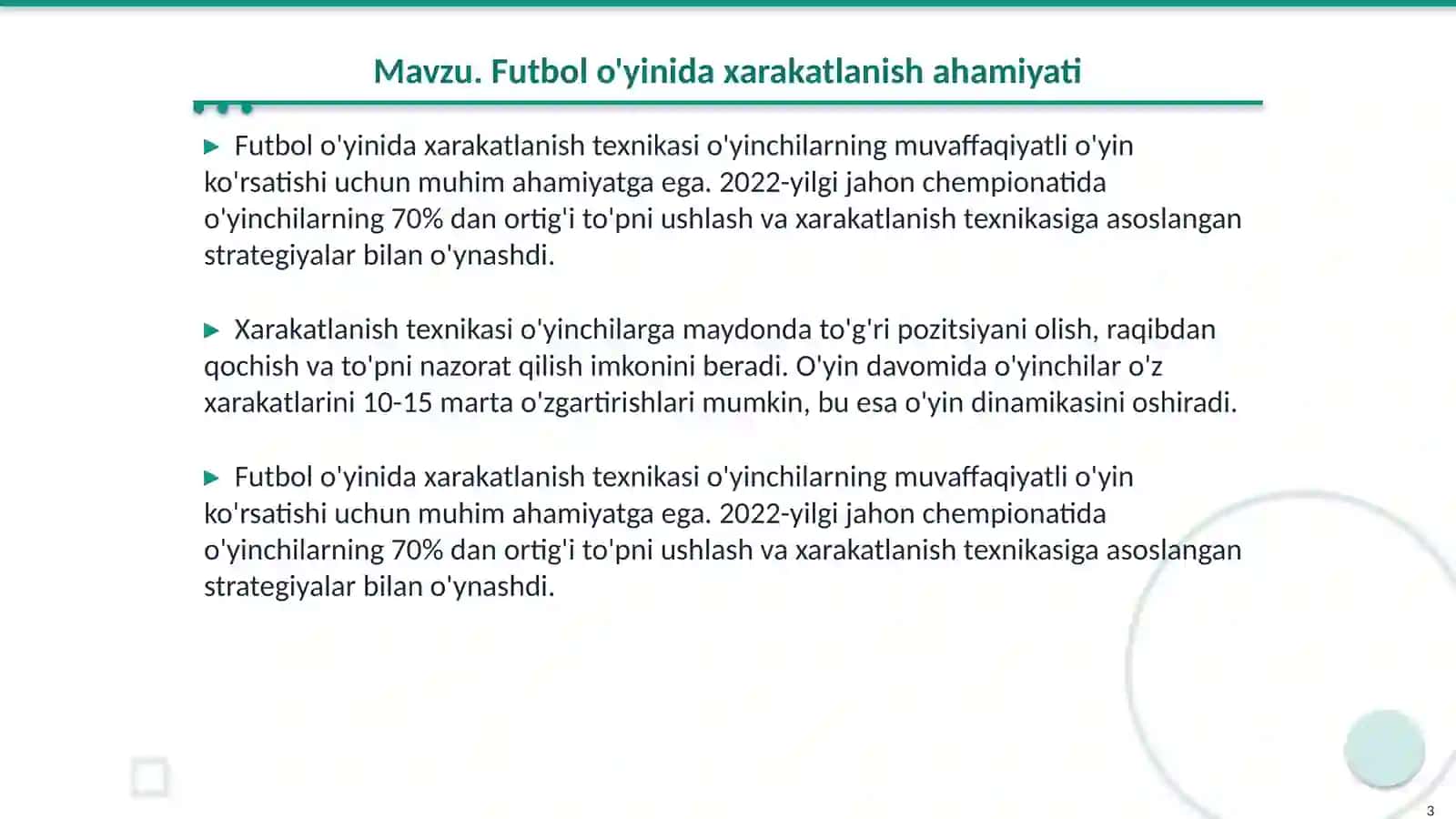 Futbol o'yinida xarakatlanish texnikasini o'rgatish 3